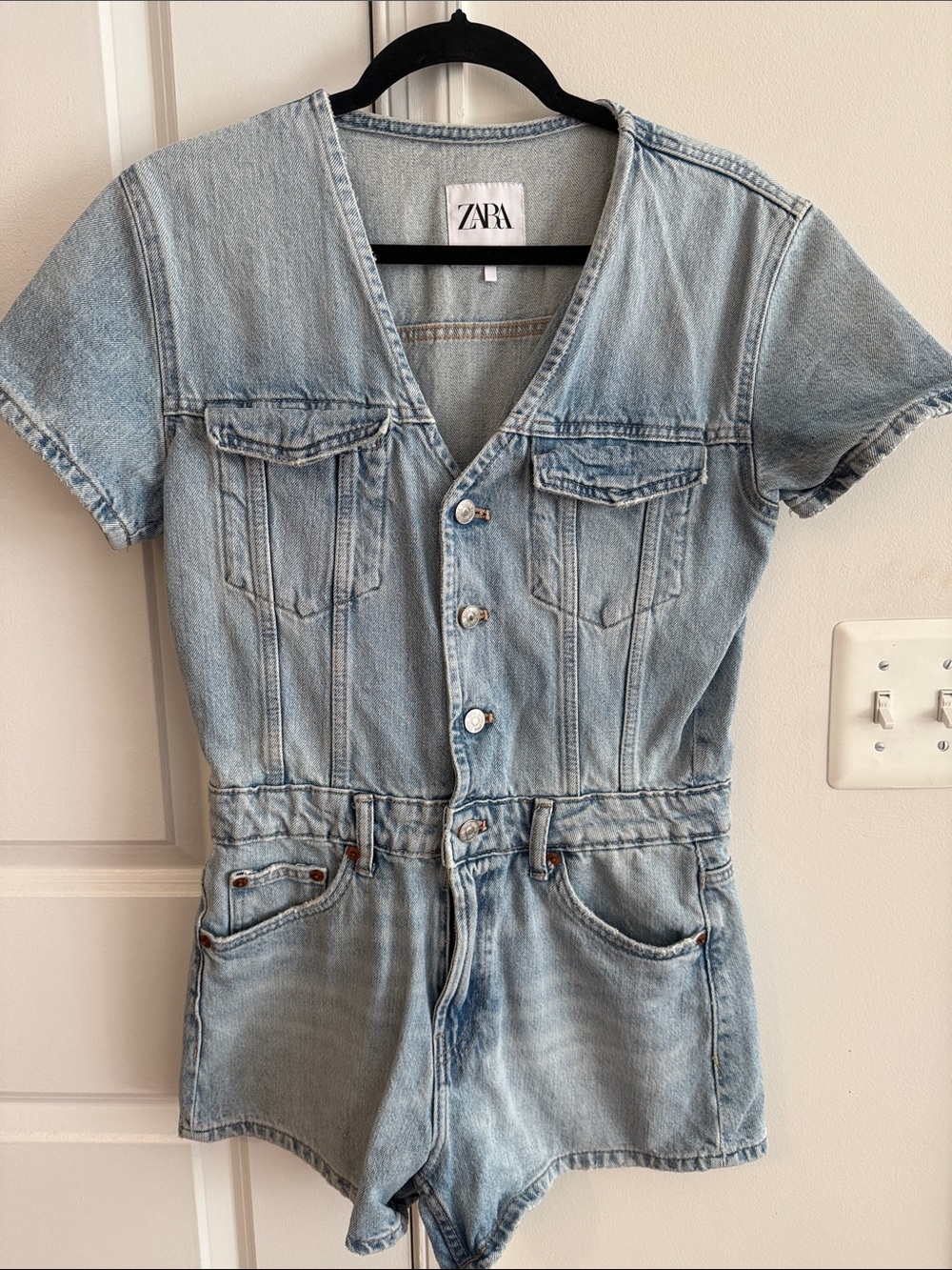 ZARA Light Blue Denim Short-Sleeve One-Piece Romper